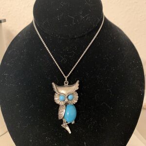Turquoise Owl Long Necklace Silver Tone Boho Statement 25”